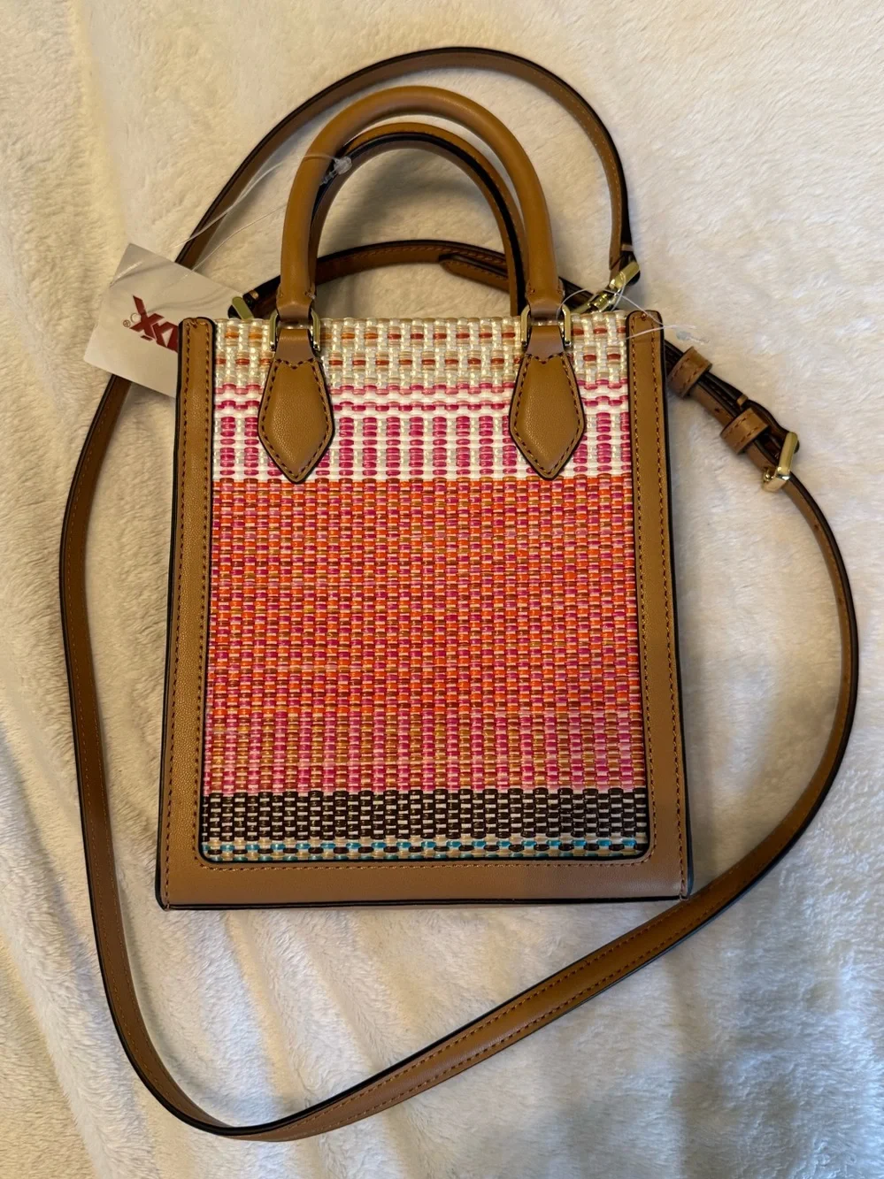 kate spade New York Ellie Pink & Tan Woven Mini Tote with Crossbody Strap